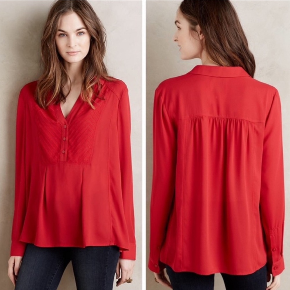 Anthropologie Red Long-Sleeve V-Neck Blouse
